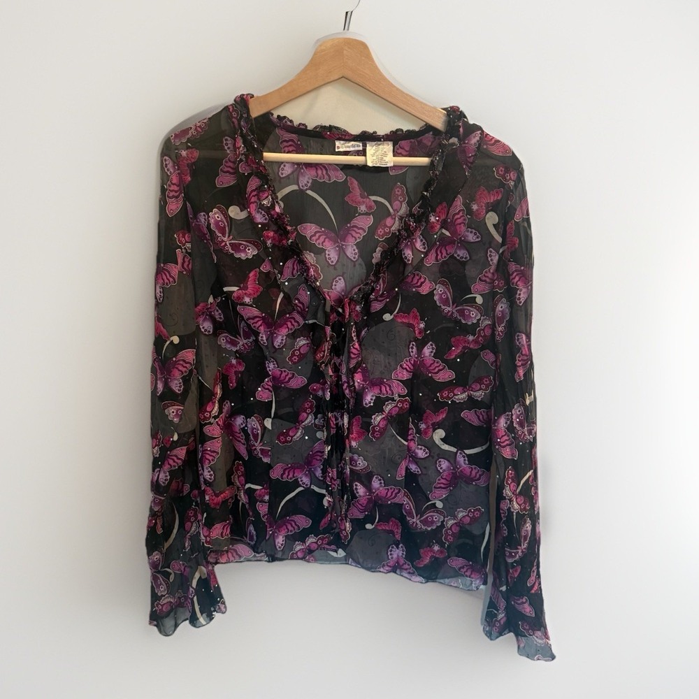 Fairy Y2K Vintage WhimsiGoth Purple Butterfly Blouse Top Juniors L Sheer Sparkly